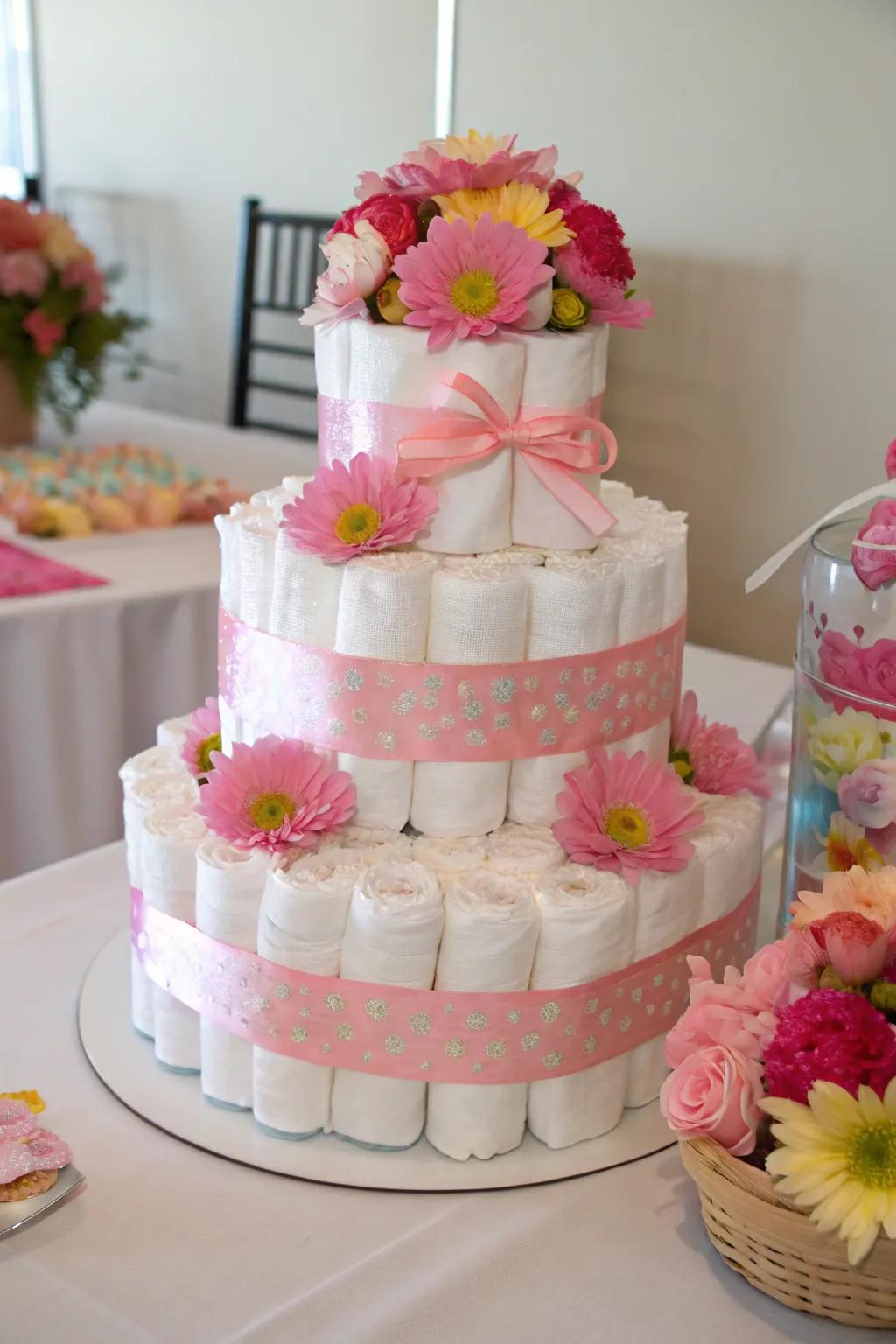 Practical and beautiful stacked diaper creation centerpiece.