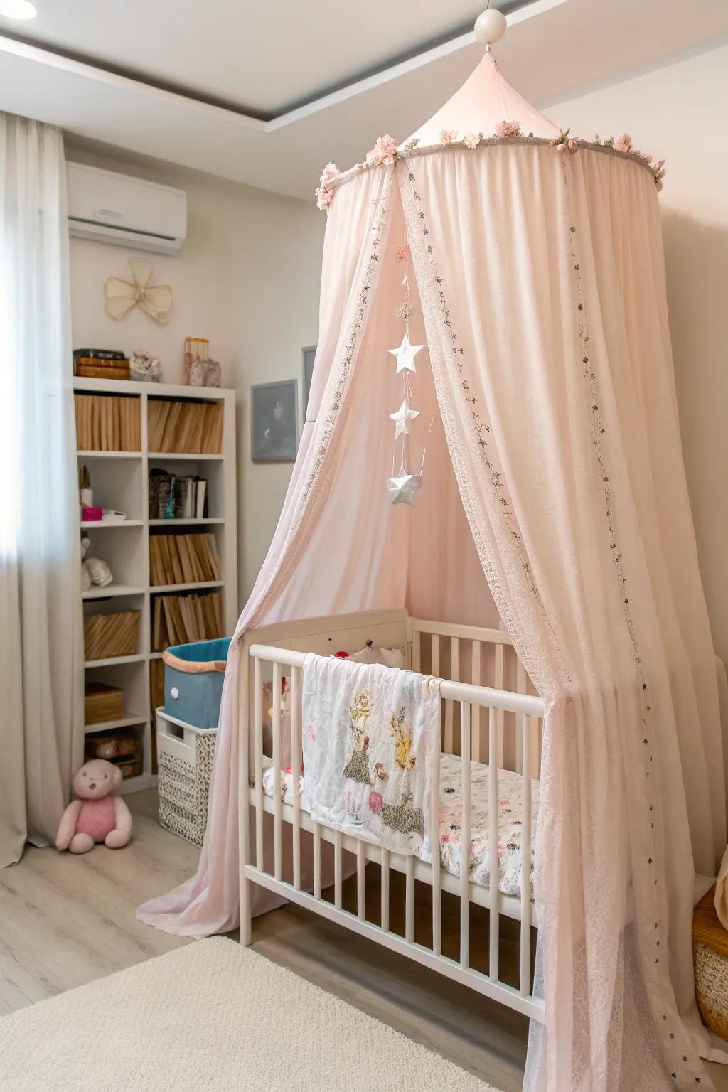 A drape over the cradle conjures a dreamy atmosphere.
