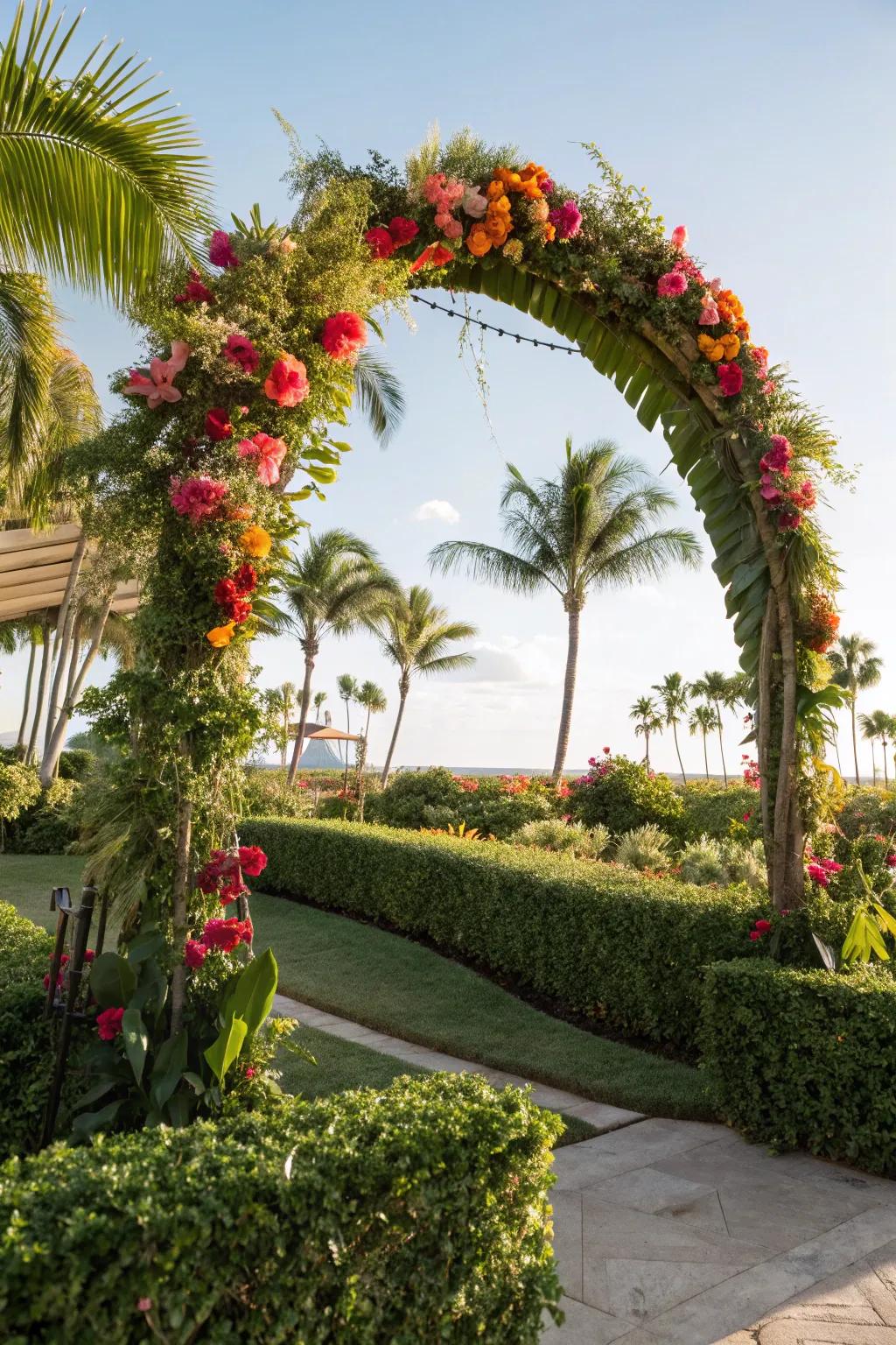 A lively tropical arch featuring palm leaves and blossoms for a sunny atmosphere.