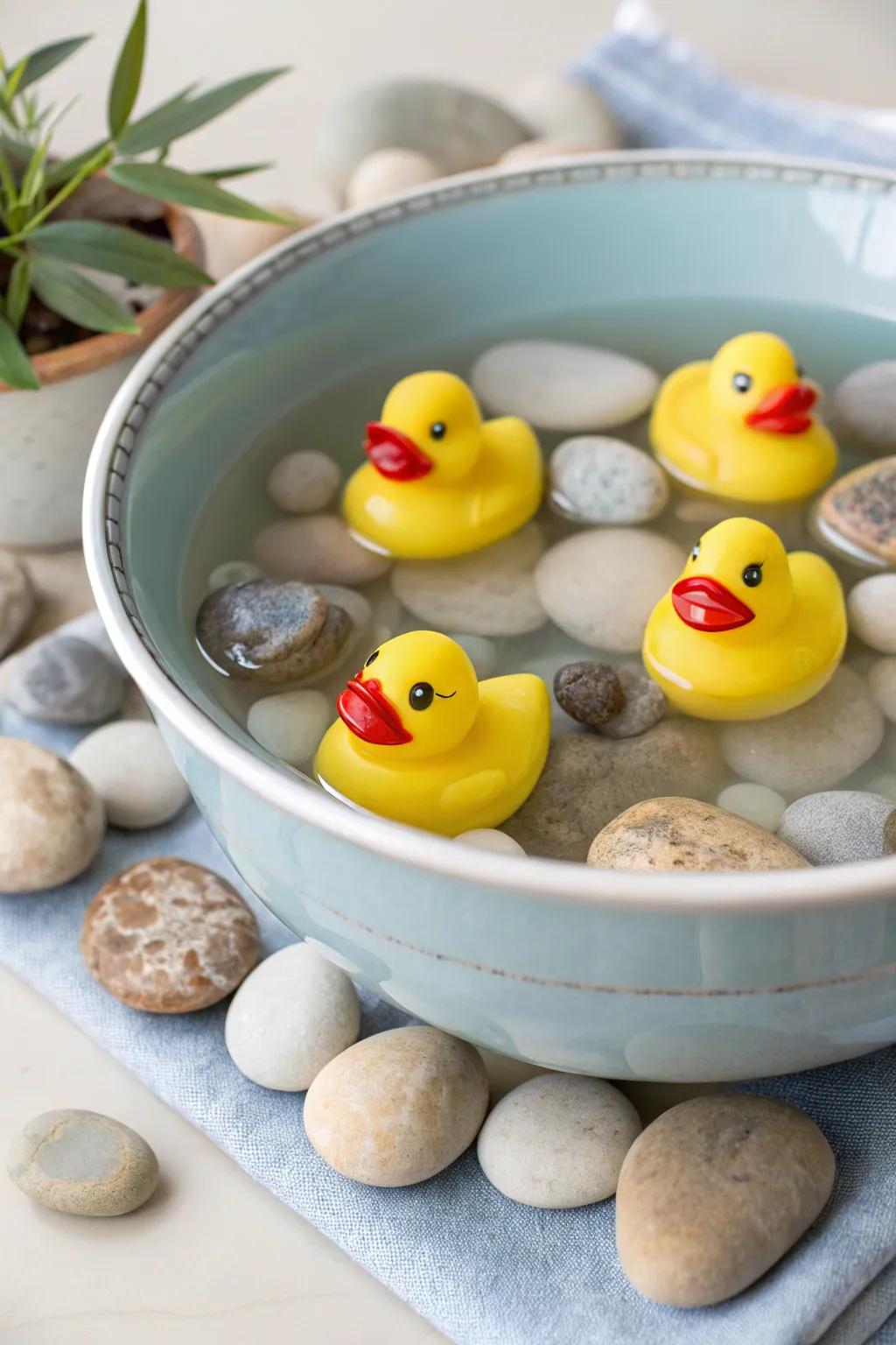 Drifting polymer avian figures present a delightful and playful centerpiece.