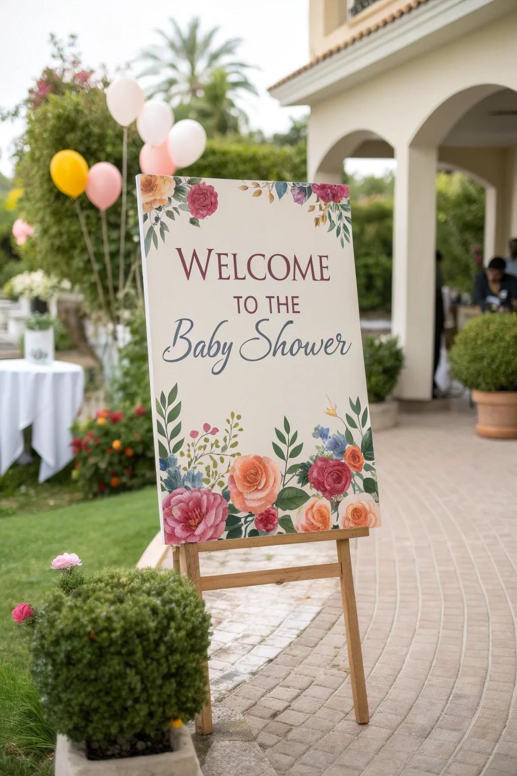 A customized welcome display with crafted flowers warmly welcomes visitors.