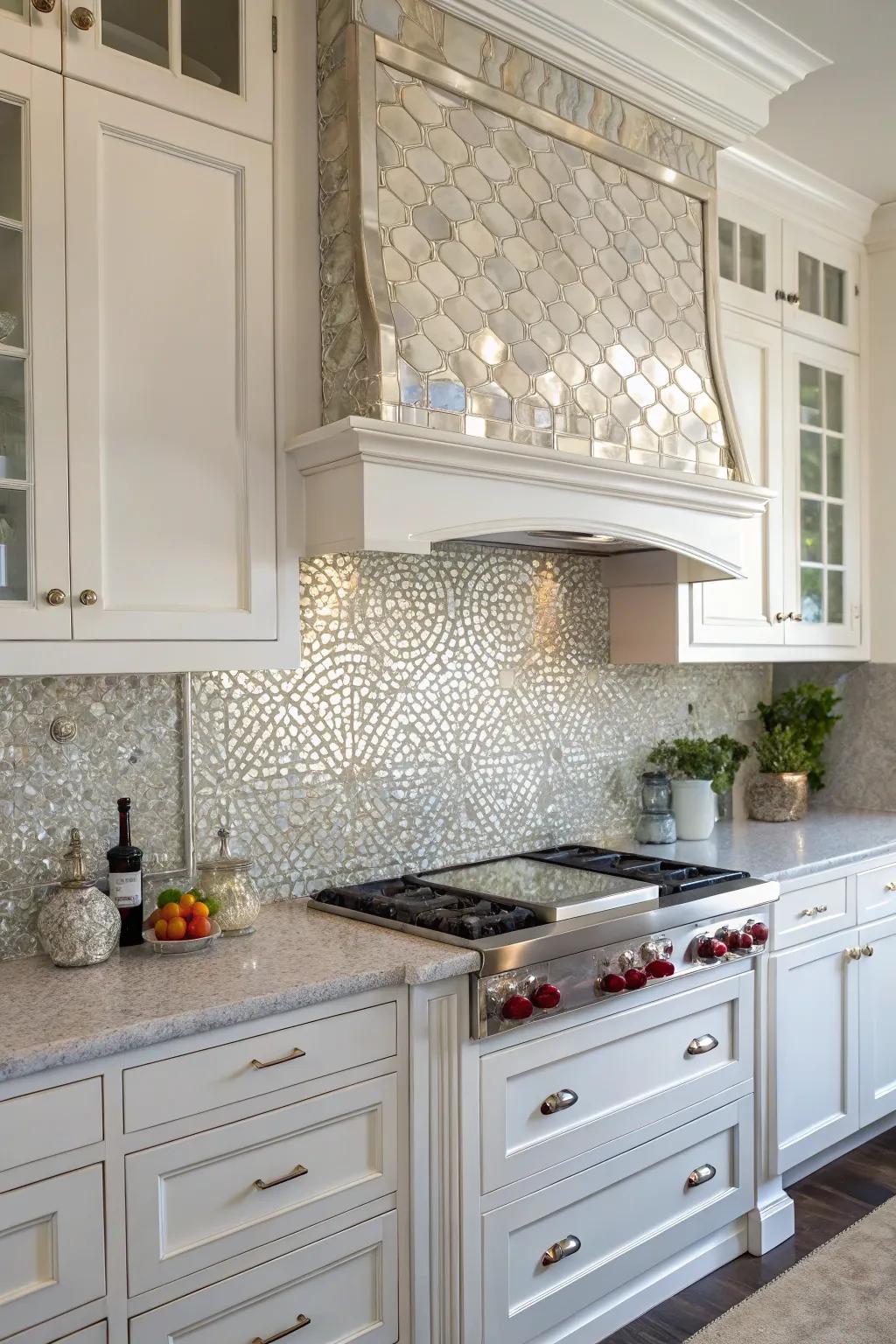 Gleaming art introduces a glamorous touch to this white kitchen.