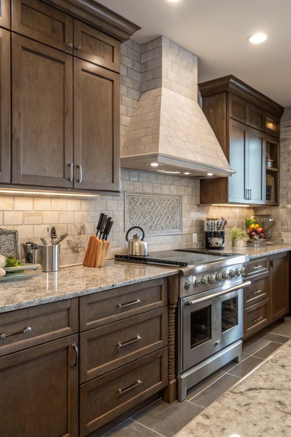 Gentle stone tiles align with the muted shades of fantasy brown granite.