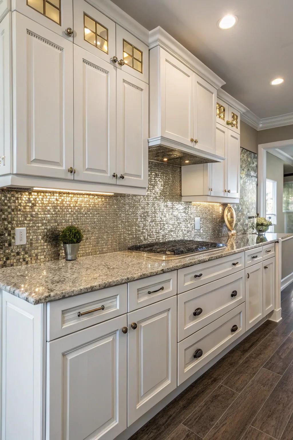 The backsplash's metallic accents give it a modern and glamorous feel.