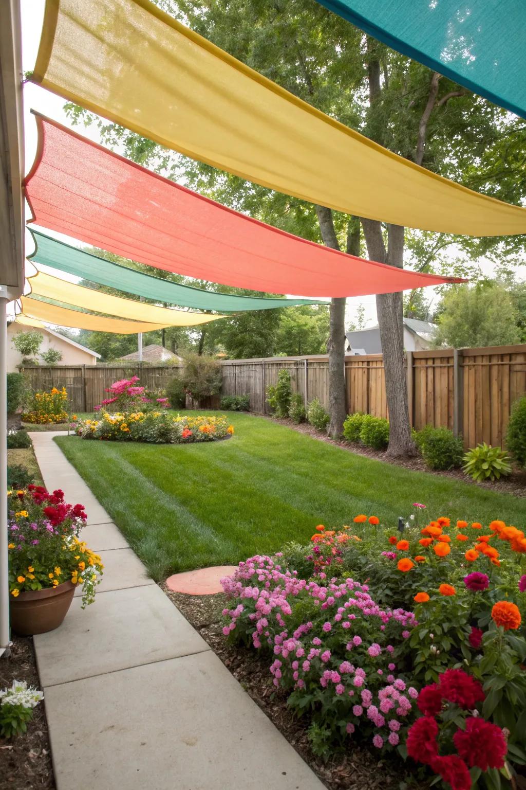 Use vibrant fabric awnings to give your backyard life.