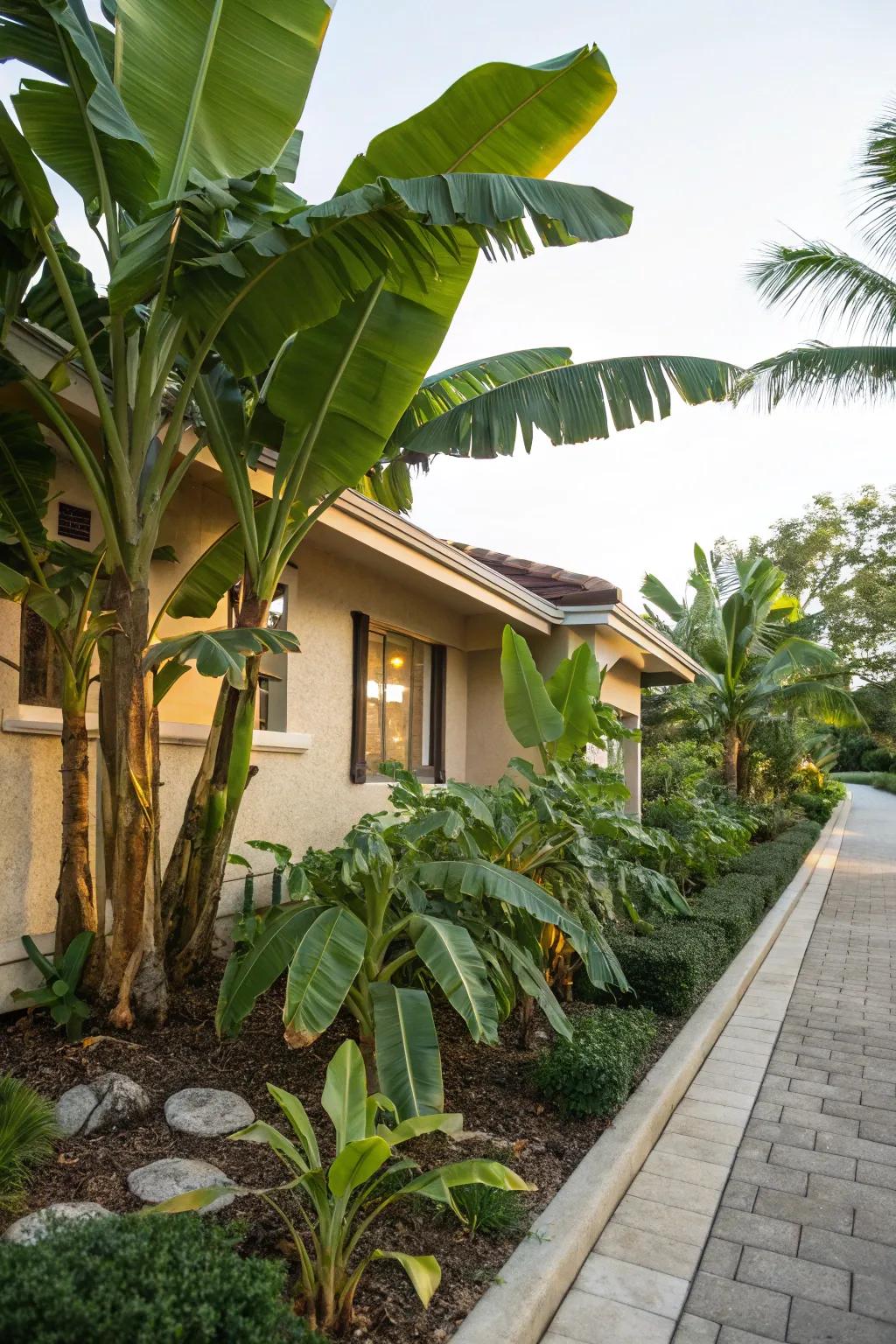 Soften your home's structure with banana trees as foundation plants.