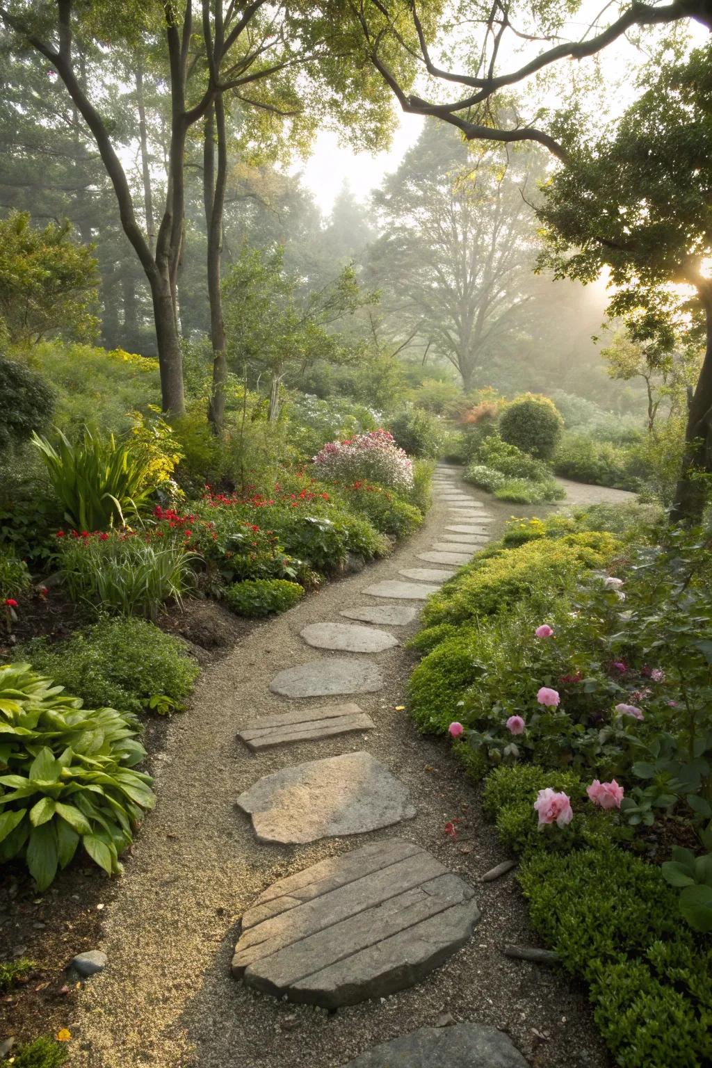 Mix textures with decomposed granite and stepping stones for a visually intriguing garden path.