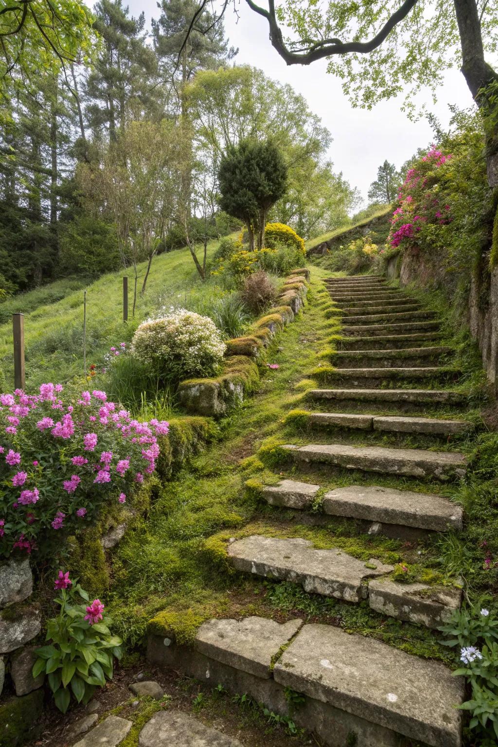 Rock steps are functional and visually pleasing on a slope.