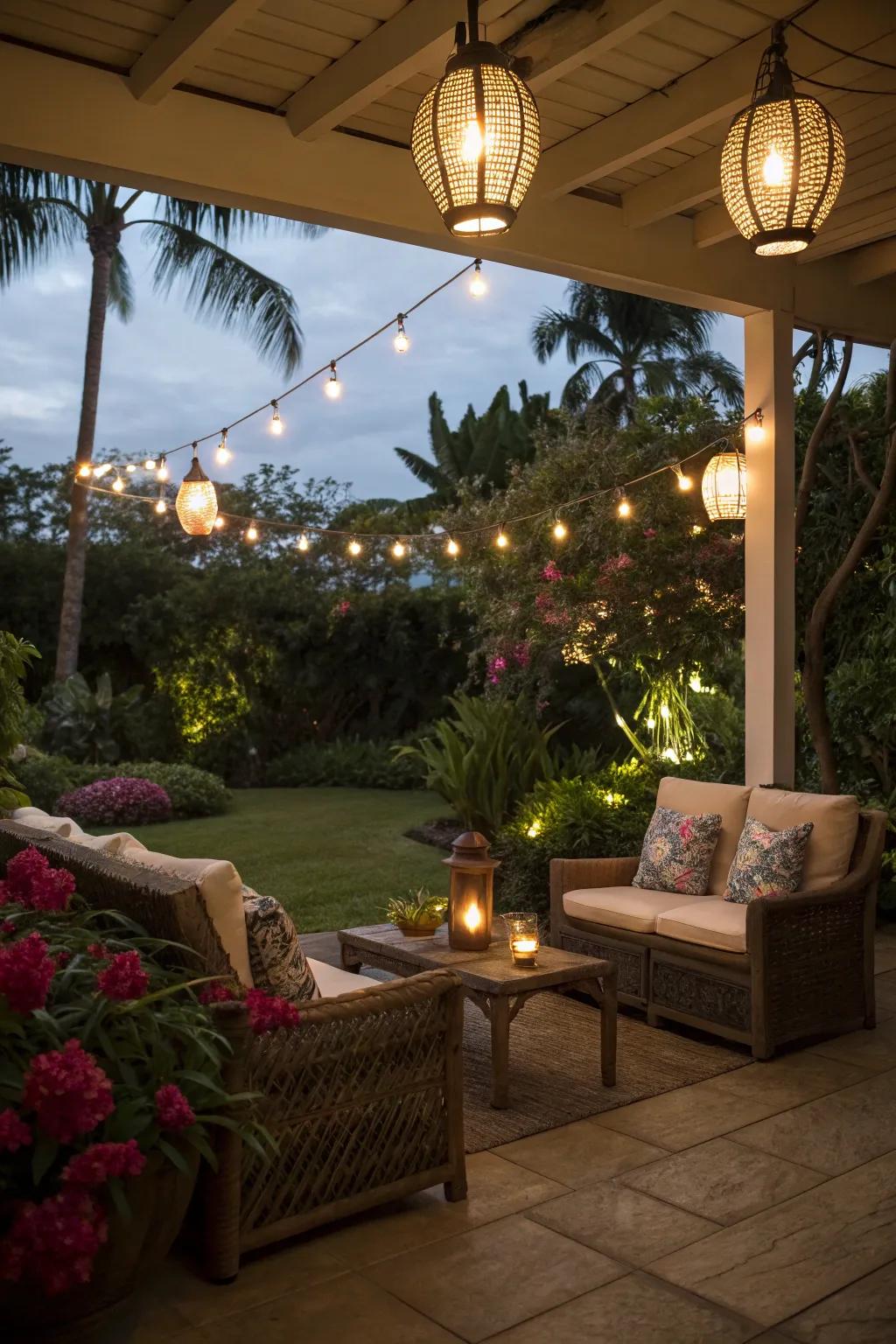 Inventive lighting morphing a veranda into a magical hideaway.