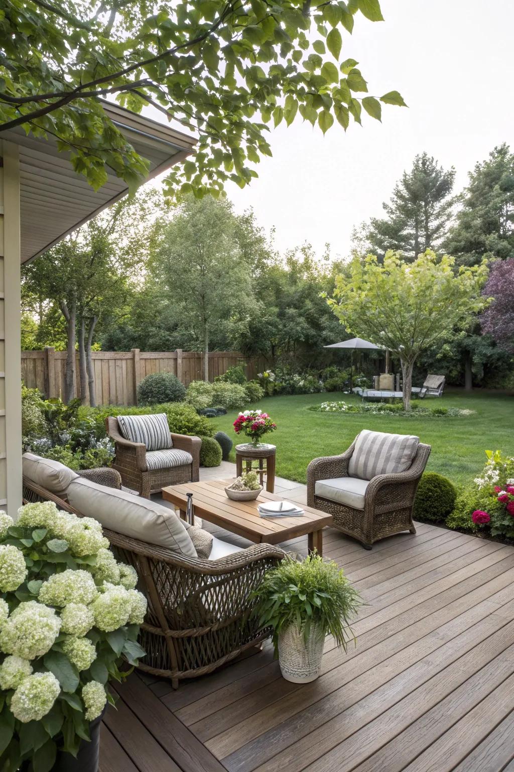 A stylish deck extends the living area to the outdoors.
