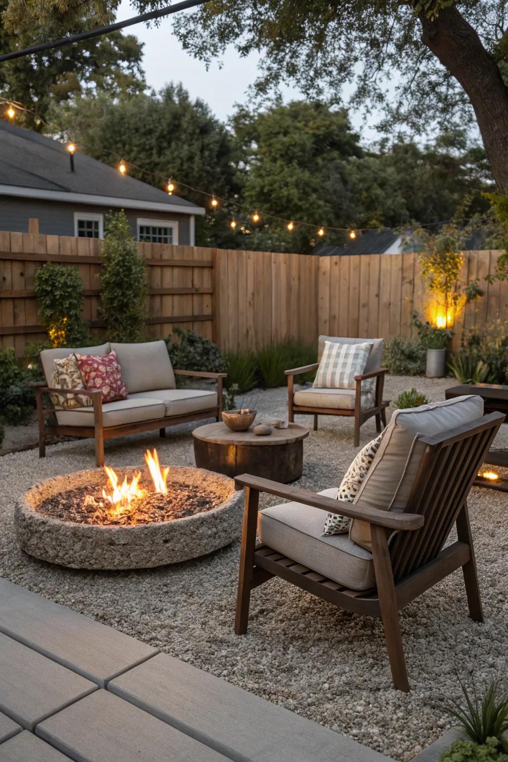 Gravel flooring encircling a fire pit engenders a snug and inviting patio zone.