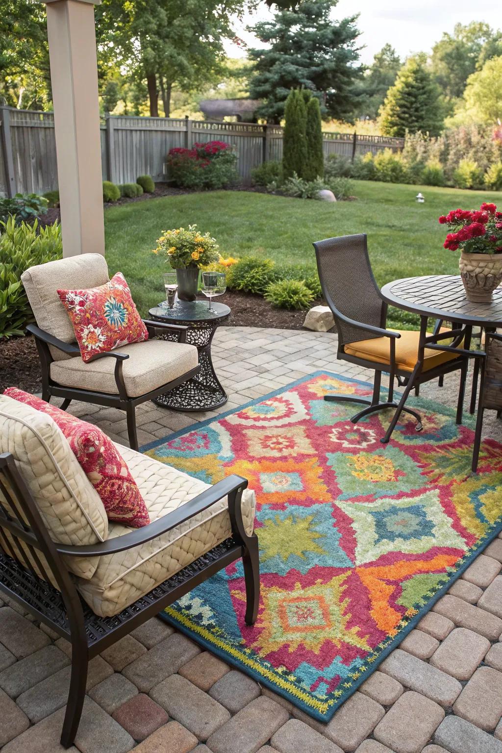 A vibrant outdoor rug adds warmth and style.