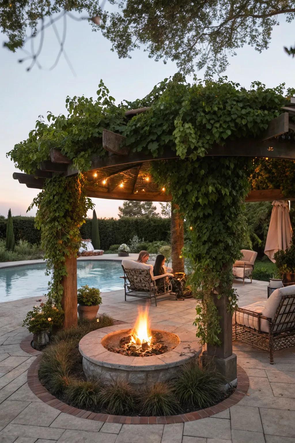 Fire elements inject warmth and attraction within pergola settings.