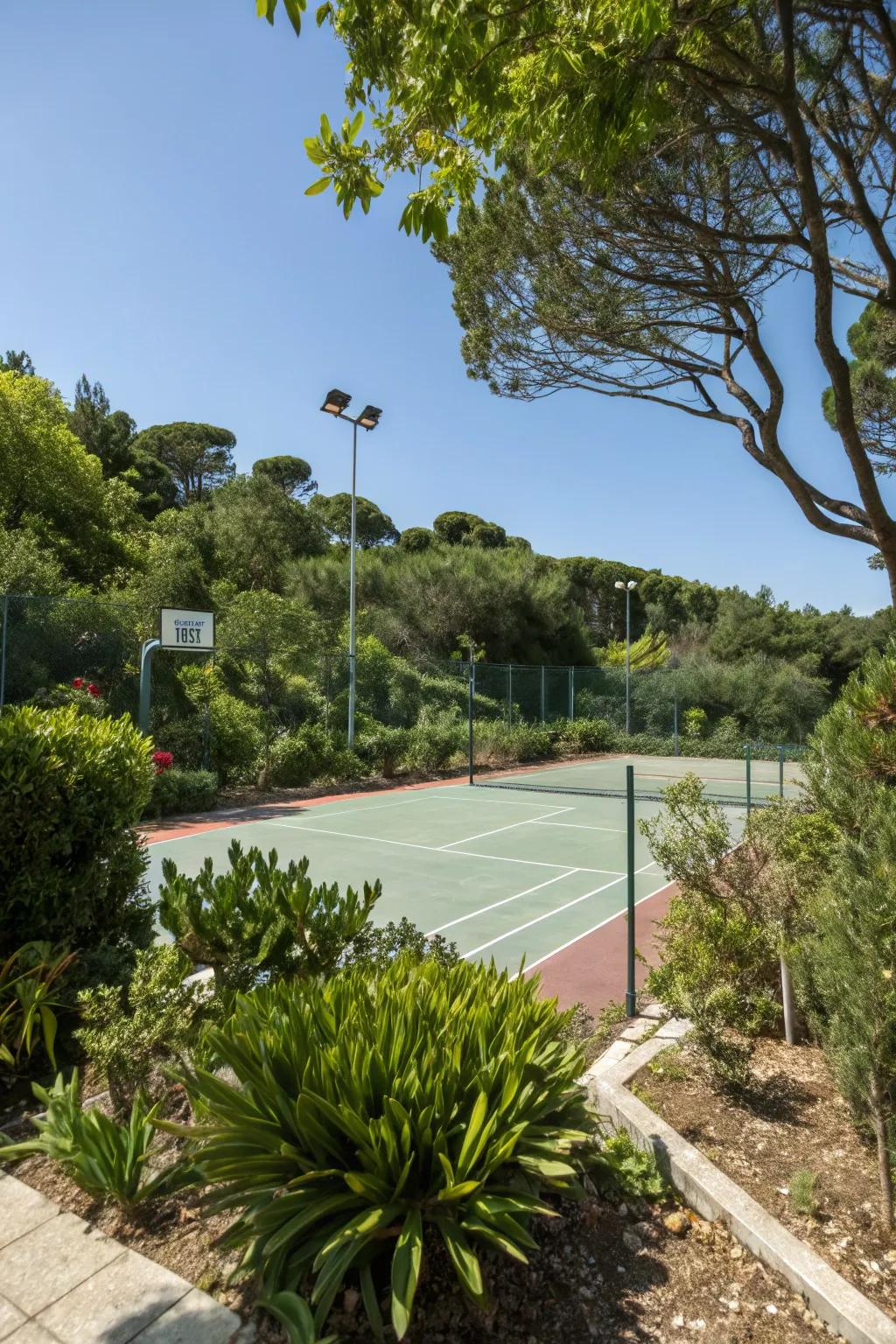 With lush greenery surrounding your sports court, you can enhance your backyard.