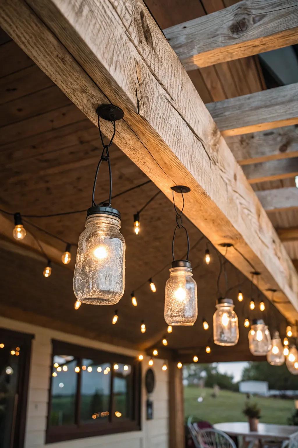 Old-fashioned lighting fixtures fashioned from preserving containers.