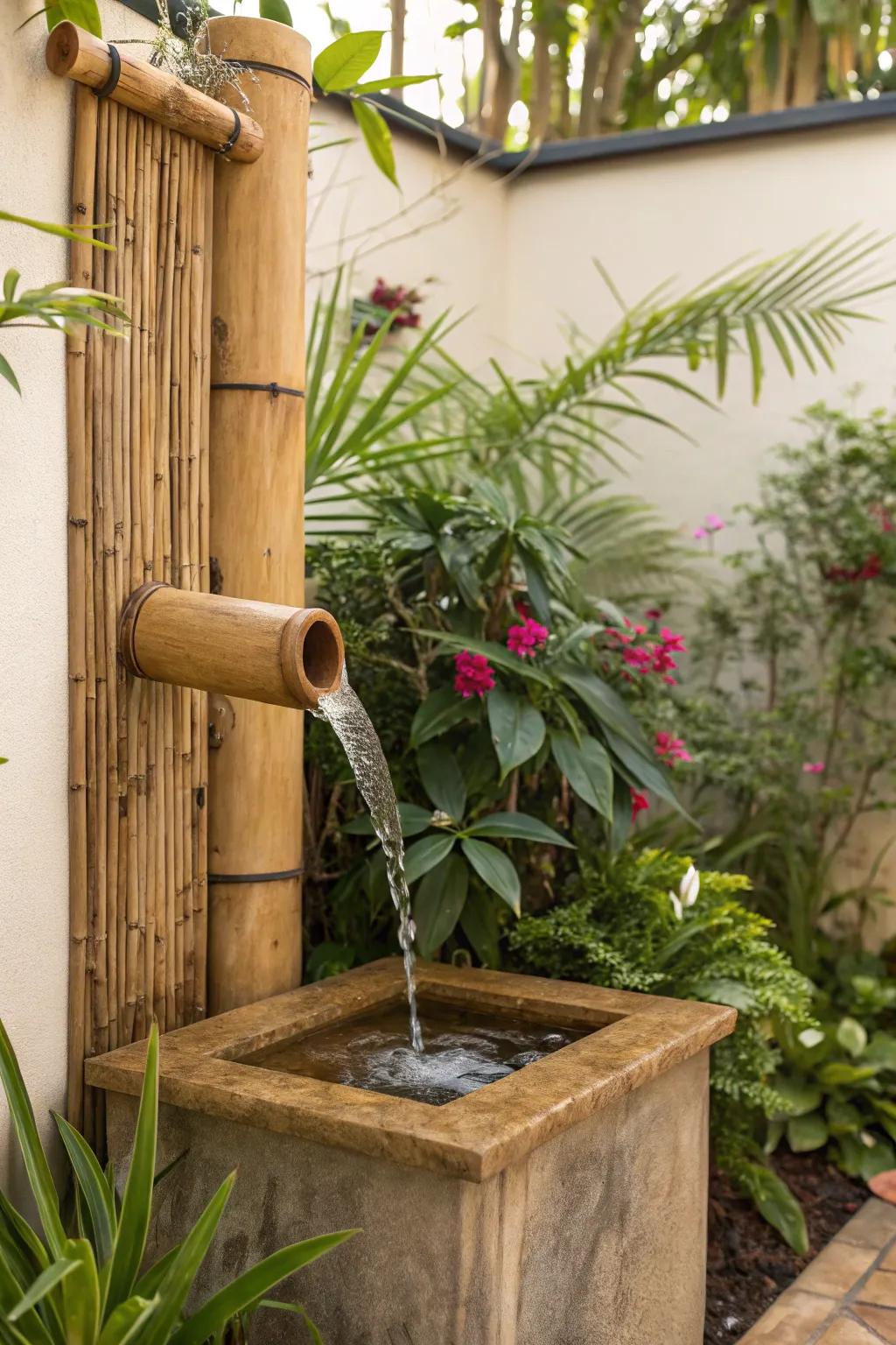 A space-saving wall-mounted bamboo water accent.