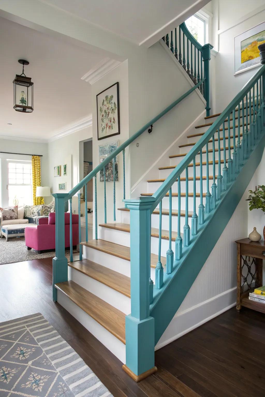 A vibrant painted banister introduces a burst of color.