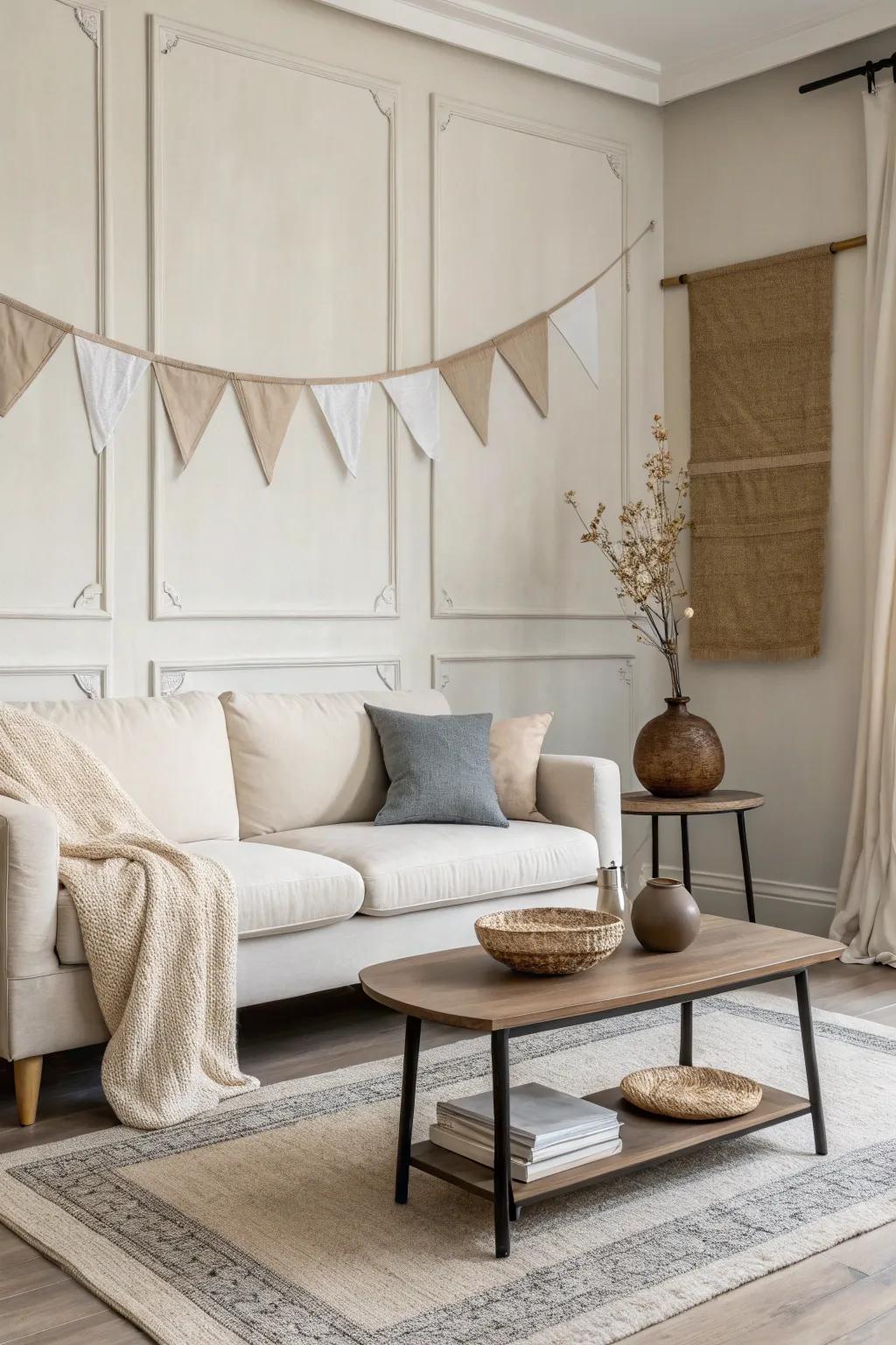 Understated banners construct a serene, clutter-free setting.