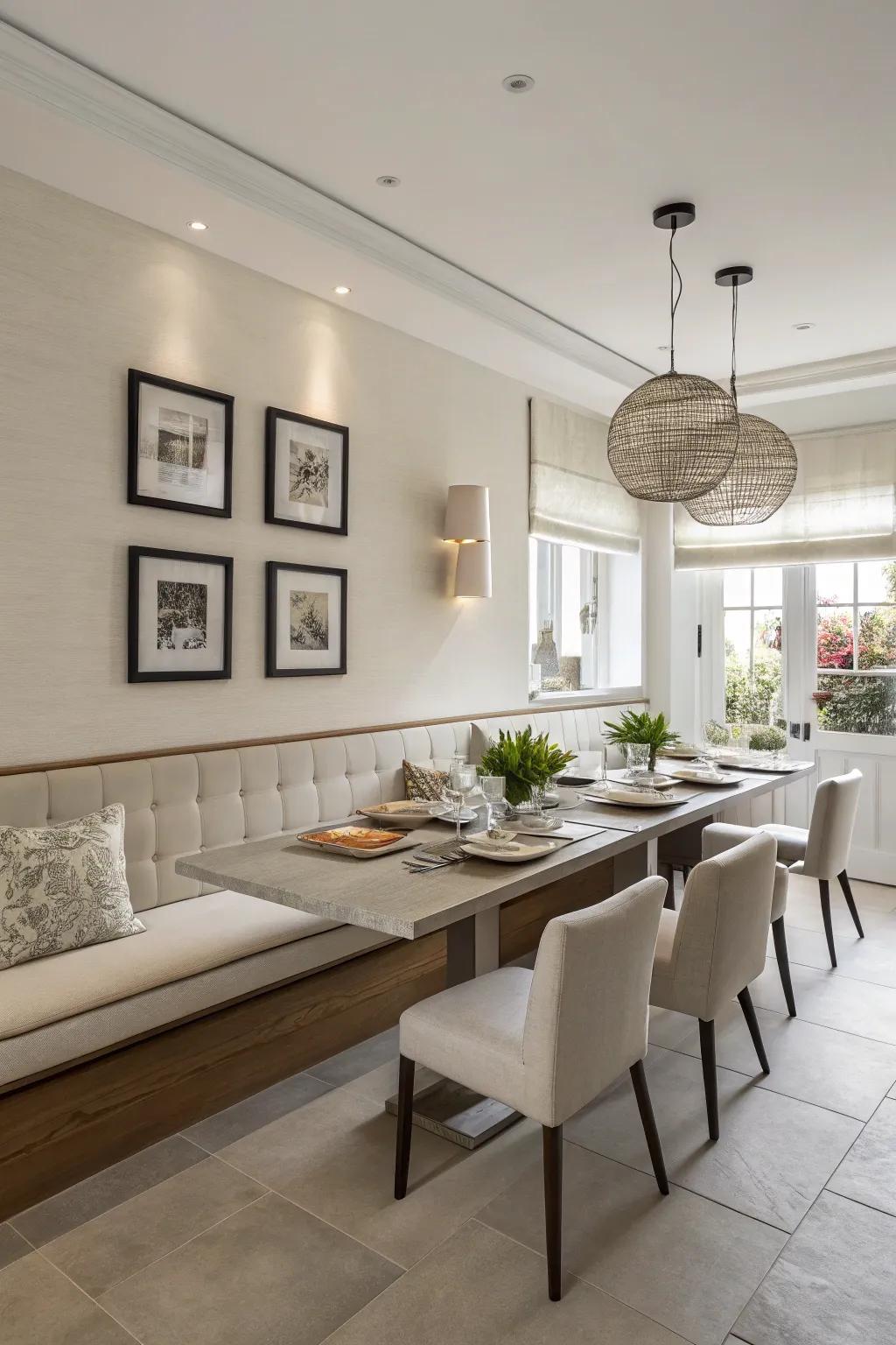 A modern dining room with a hovering banquette, offering a sleek and up to date look.