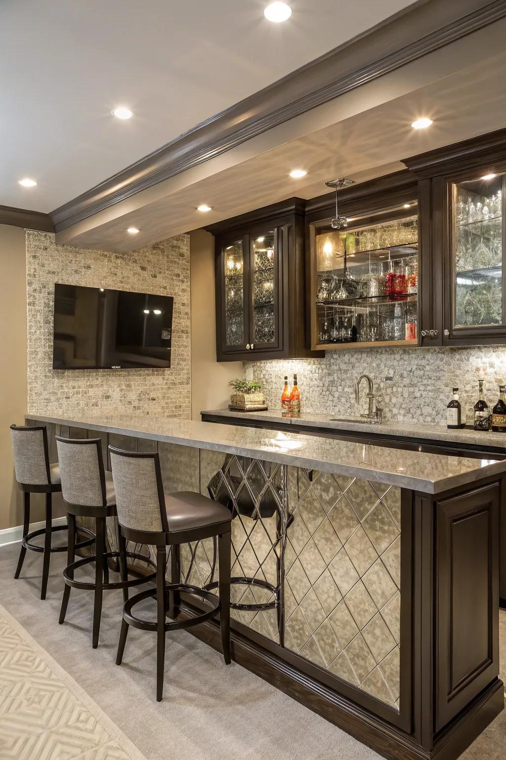 A home bar featuring a refined mirror tile backsplash that enhances the space.