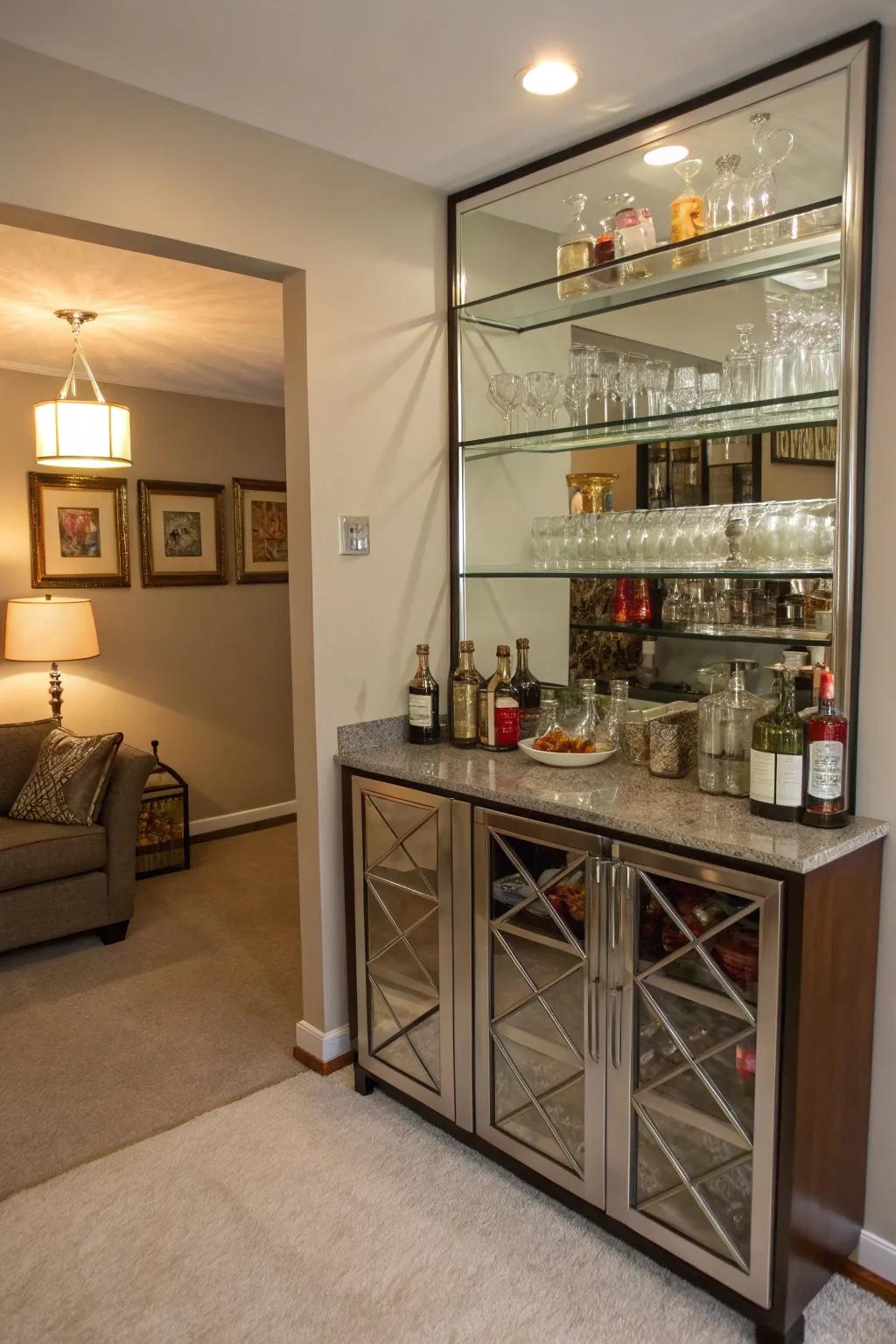 Compact mirrored shelves optimize small spaces.