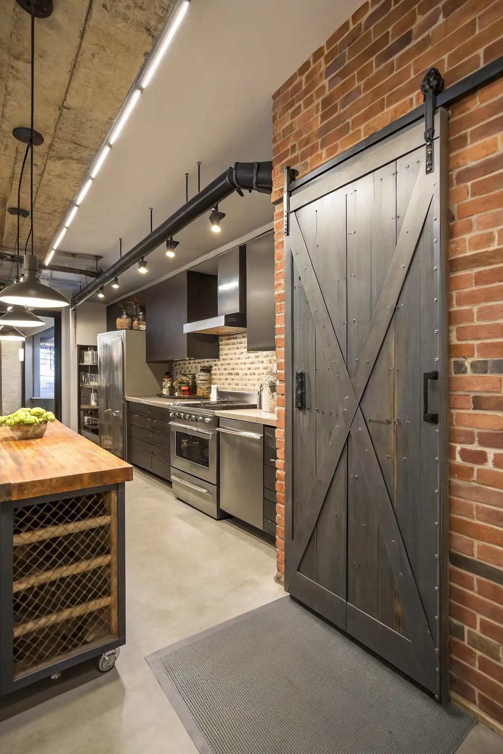 An industrial-inspired kitchen highlighting a sliding barn door pantry, emphasized with metal accents.