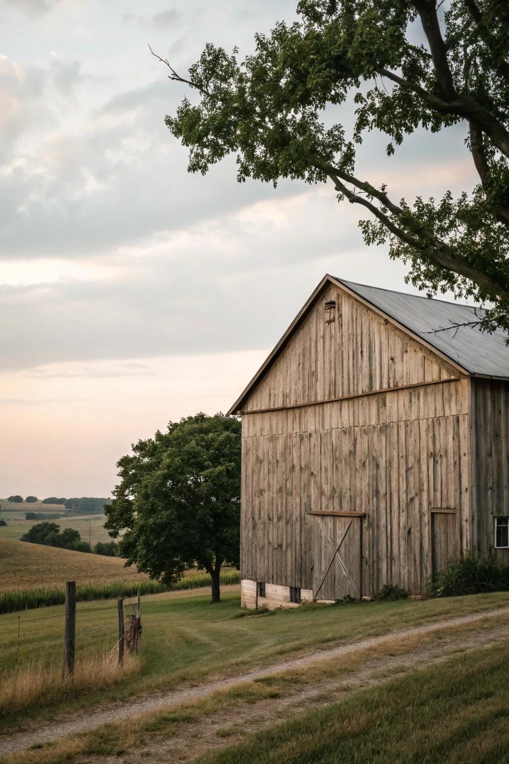A barn wrapped in textured boards, mixing feel with function.