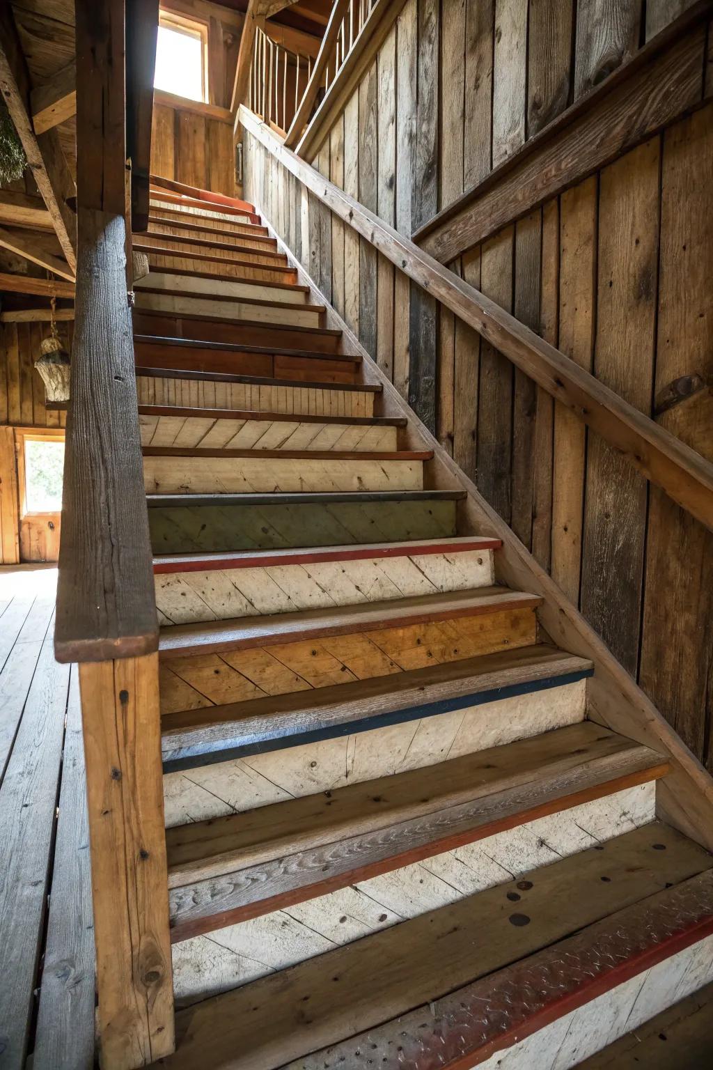Multi-hue timber patterns add visual intrigue to barn stairs.