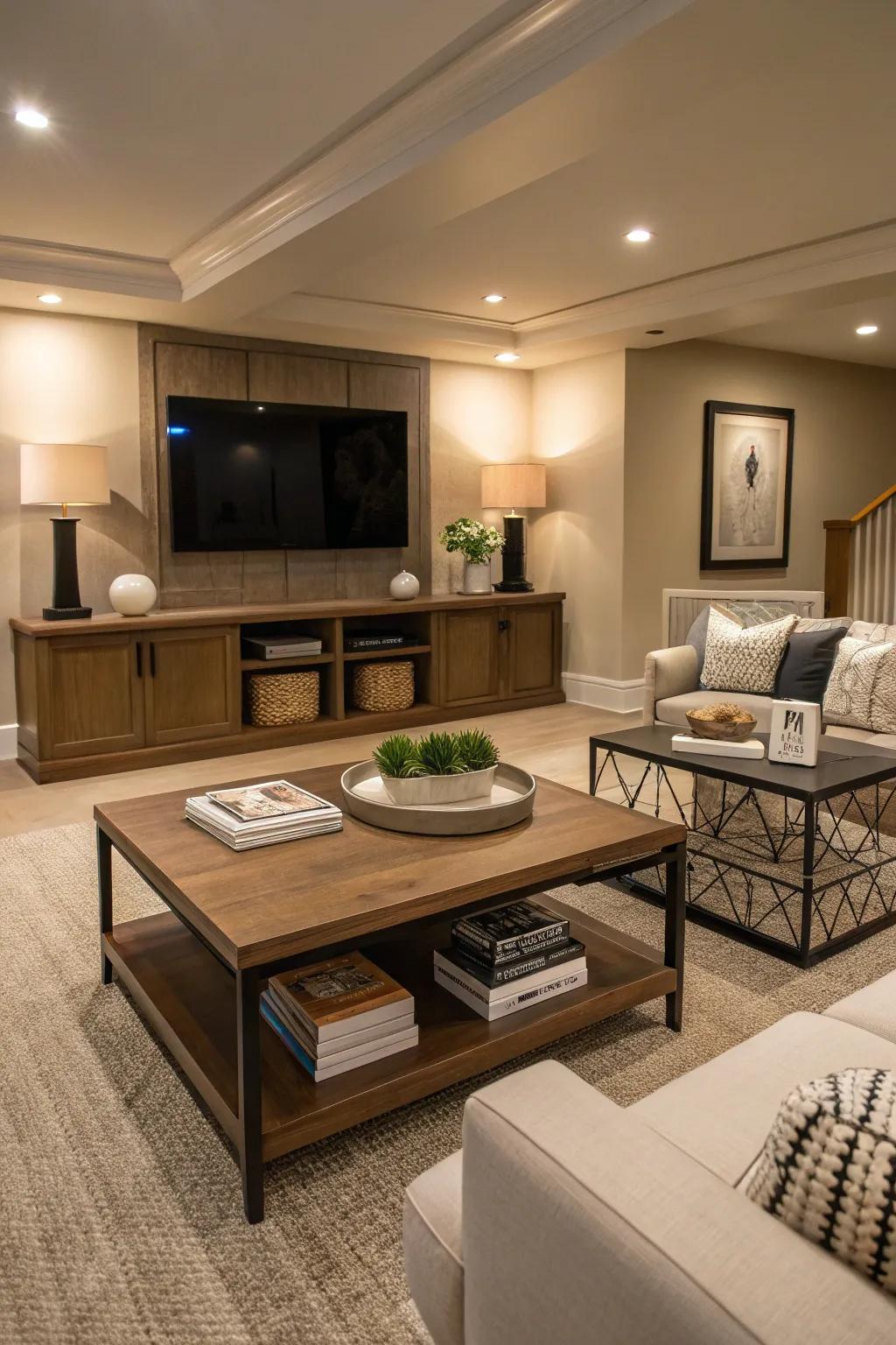 Accent furniture injects both design and use to this basement family area.