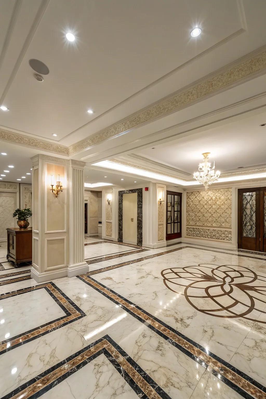 Refined stone squares impart a lavish touch to your basement.