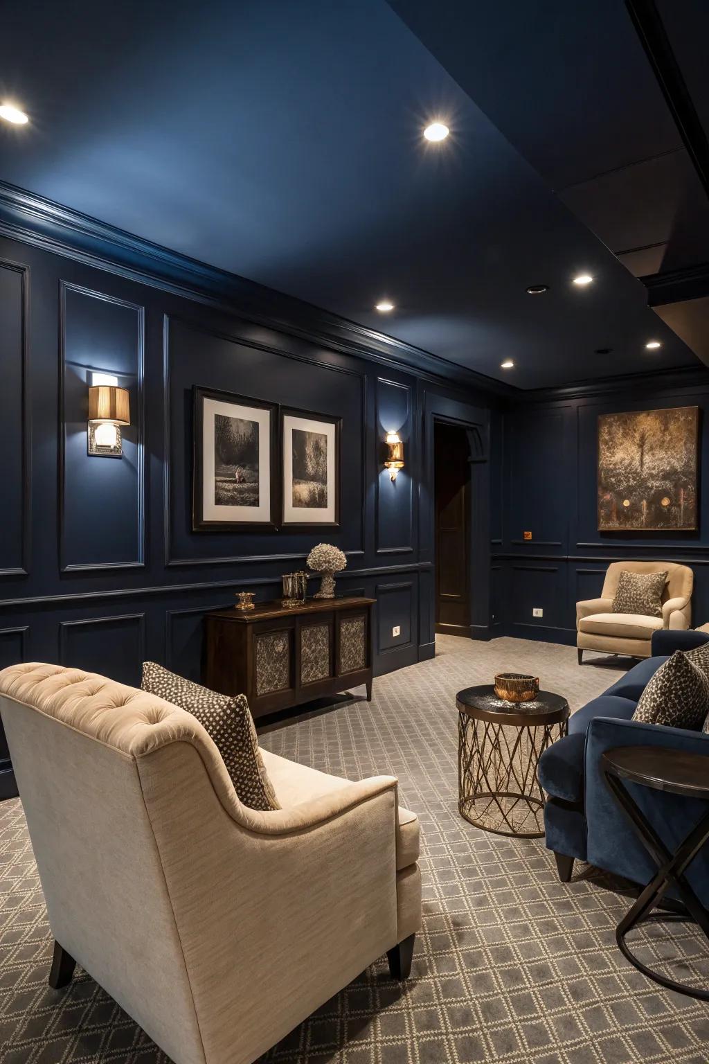 Midnight blue walls create a dramatic and elegant atmosphere.