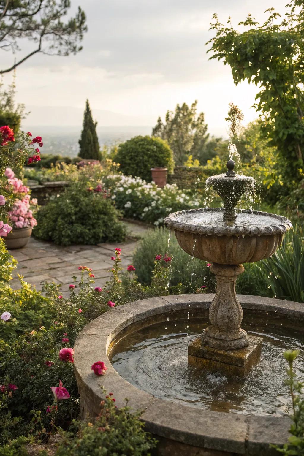 A water feature brings a calming ambiance to the garden.