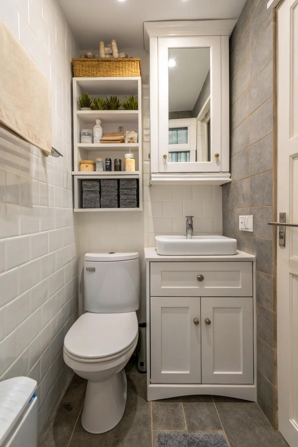 Above-toilet storage units optimize holding potential within small areas.