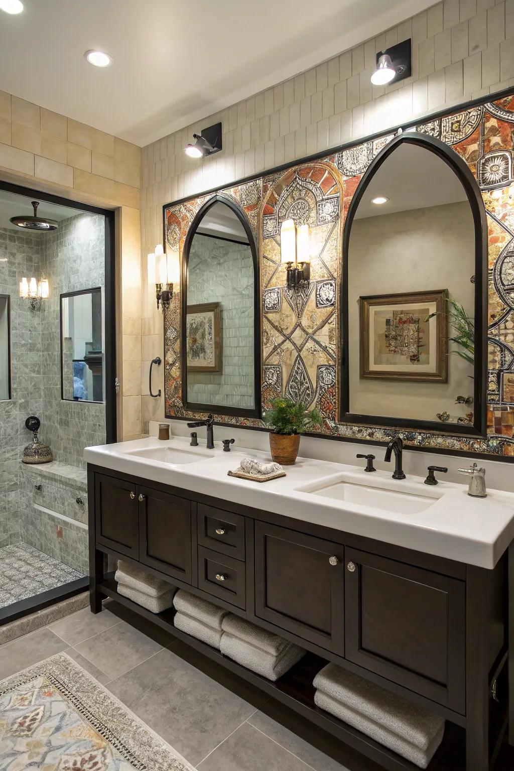 Uneven mirrors add a creative and unique element to the bathroom.