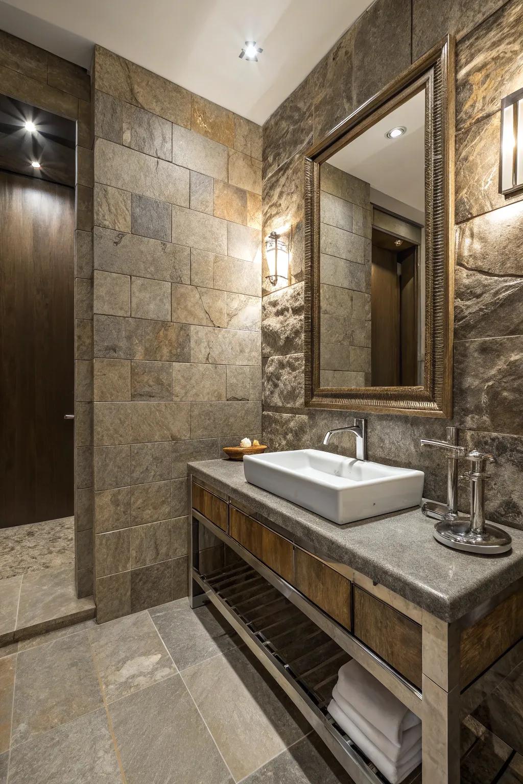 A bathroom displaying a harmonious fusion of textures for increased richness.