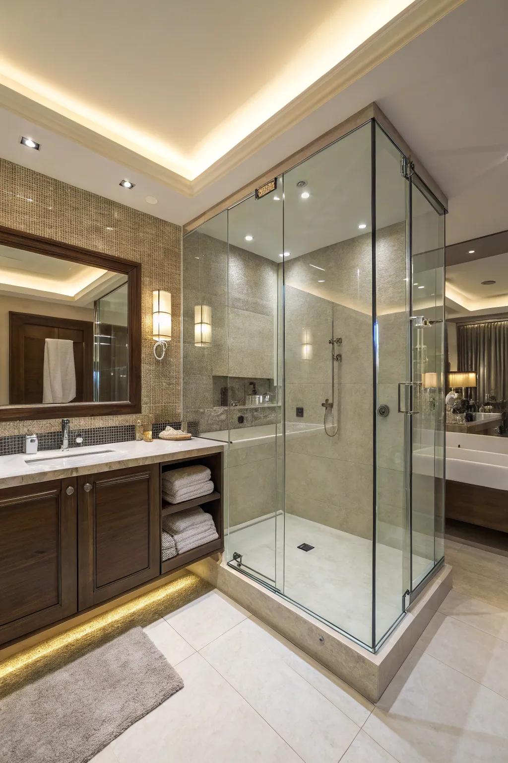 Glass-enclosed showers add a hint of style and keep an open feel.