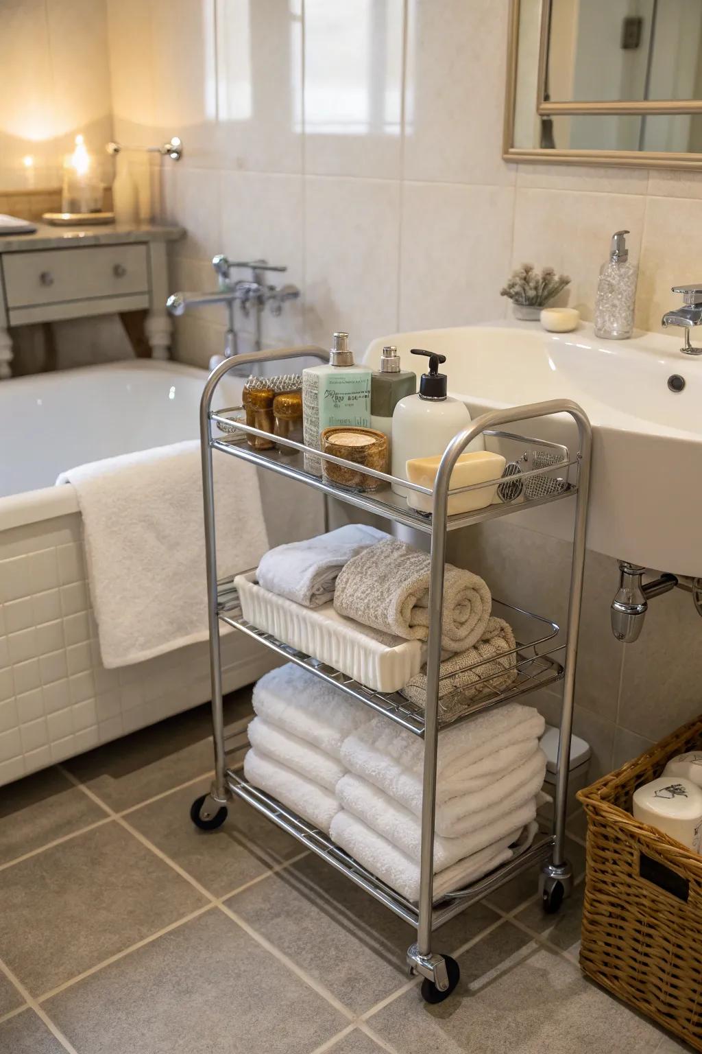 Rolling carts present adaptable and fashionable towel storage solutions.