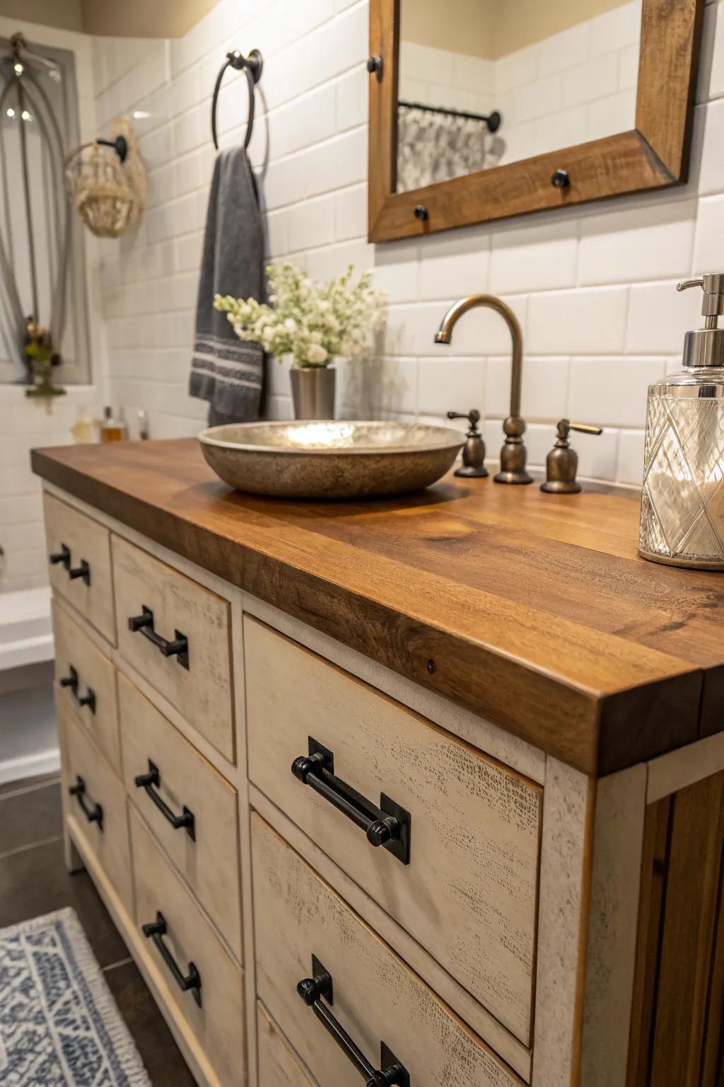 Wood and metal features create a balanced aesthetic.