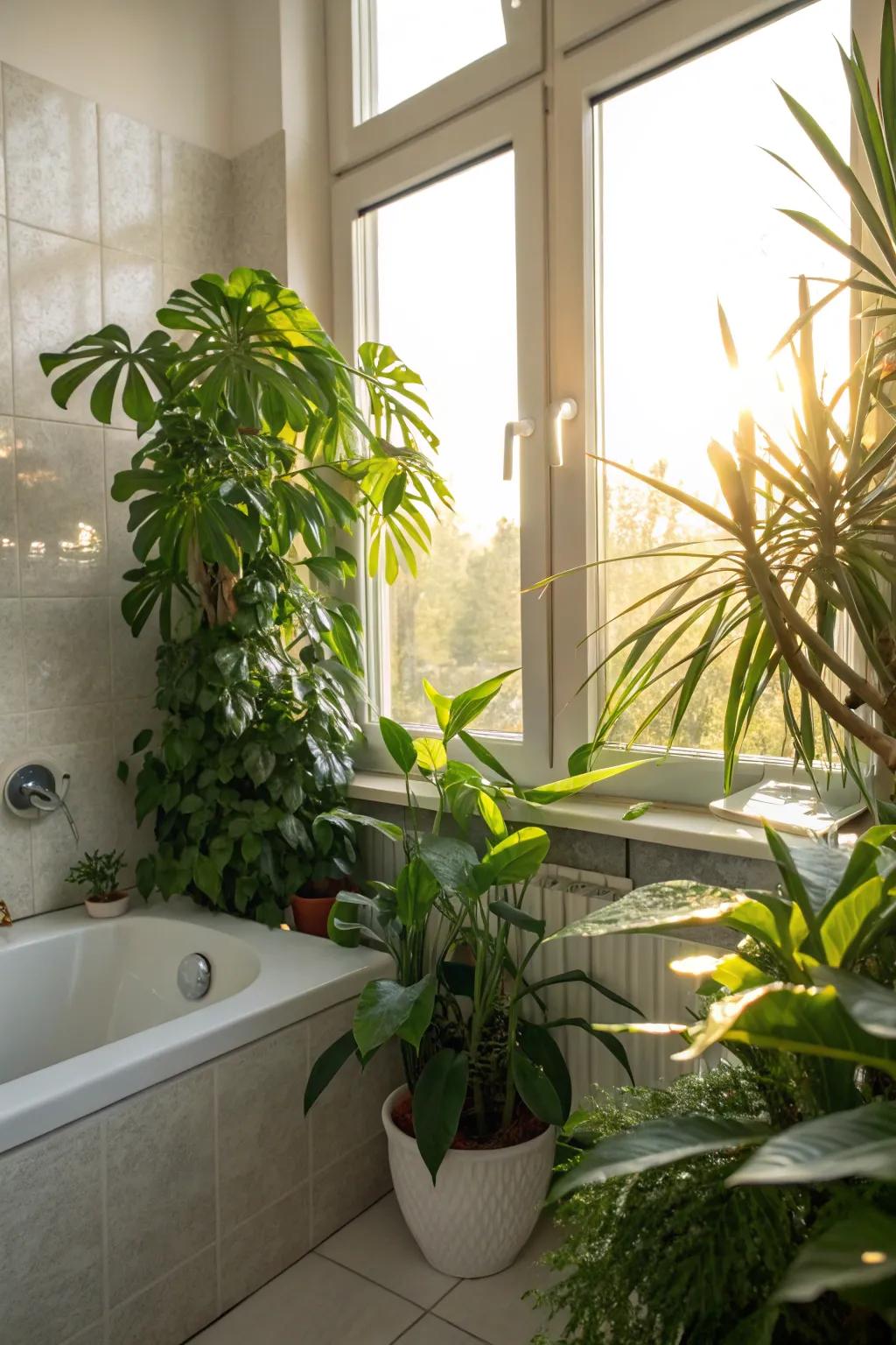 Greenery composing a natural oasis in the restroom.