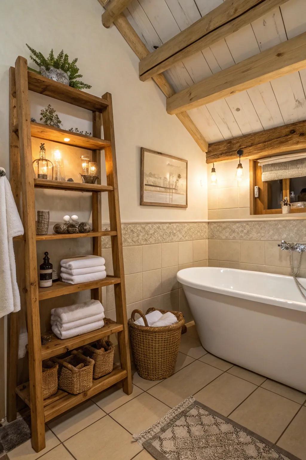 Timber features impart warmth to this bathroom fitted with a bathtub.