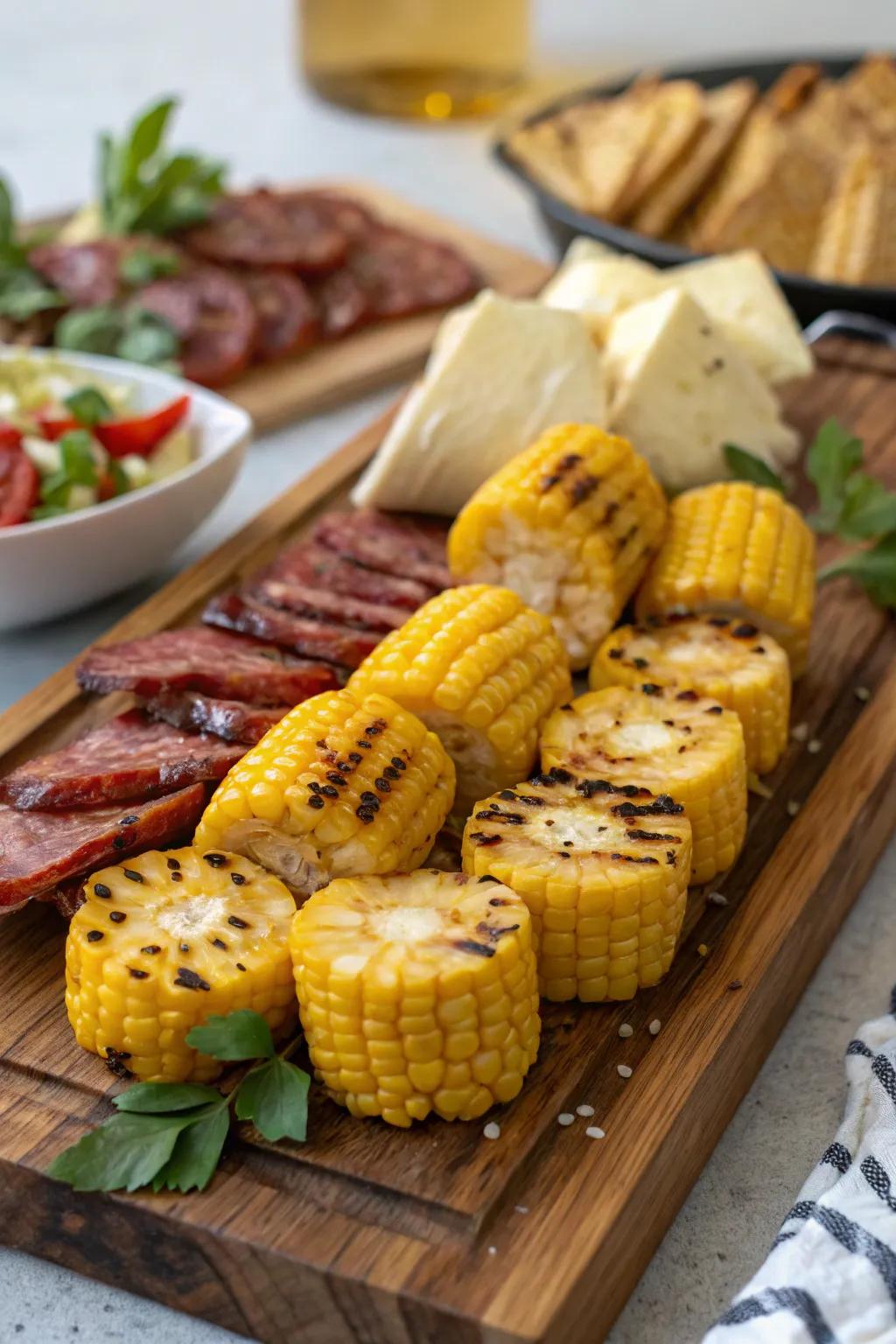 Grilled corn introduces a sweet and smoky touch