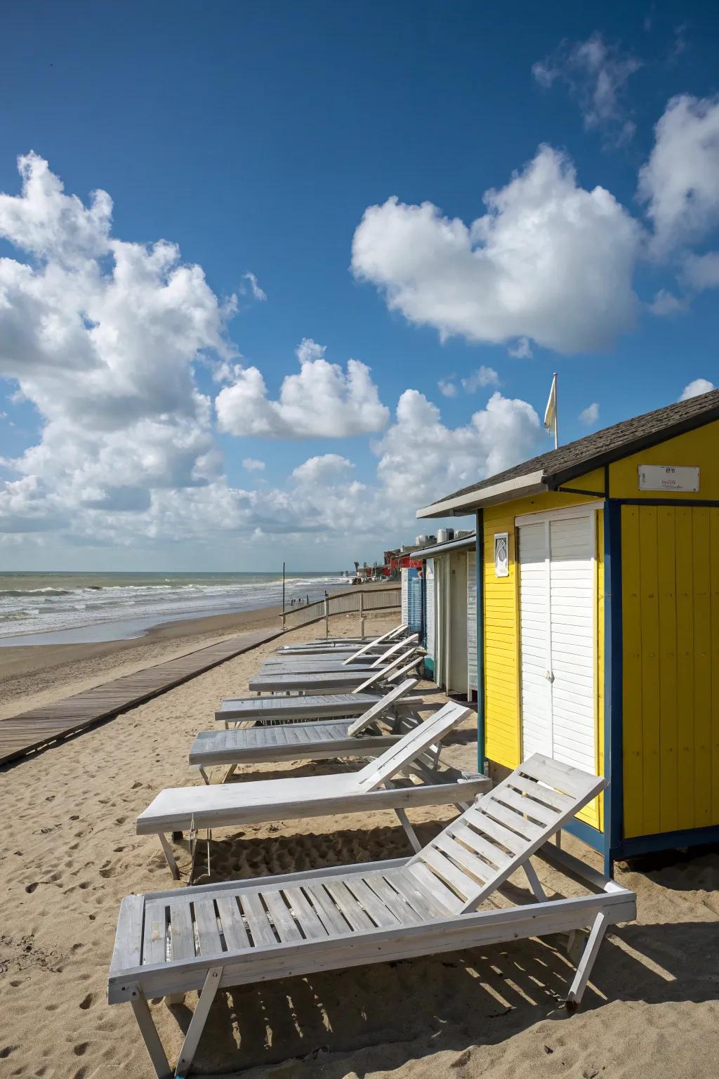 Sun loungers present a soothing expanse in front of the beach shed.