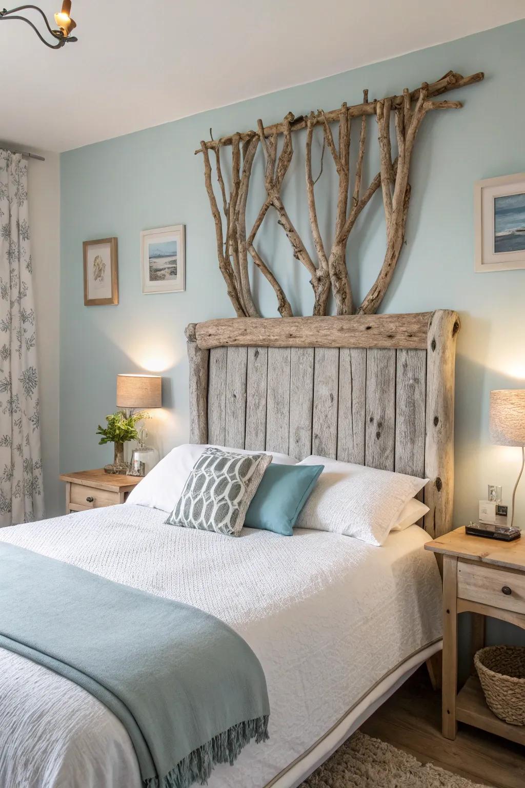 A petrified wood headboard creates a striking coastal centerpiece.