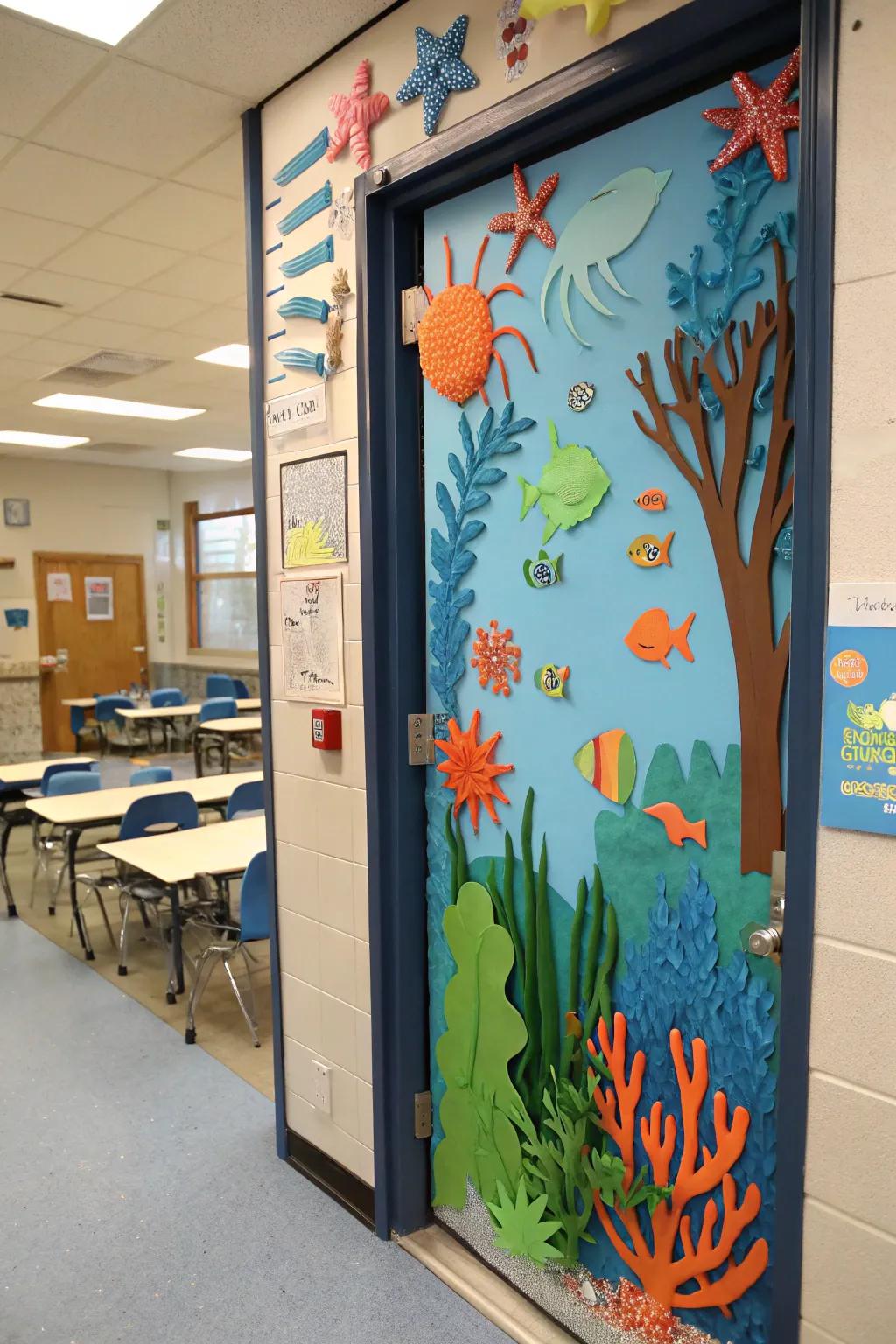 Classroom entrance showcasing a vibrant coral garden fashioned from paper.