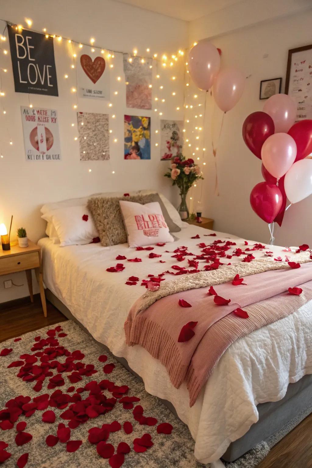 Playful balloons paired with rose petals for a festive romantic ambiance.