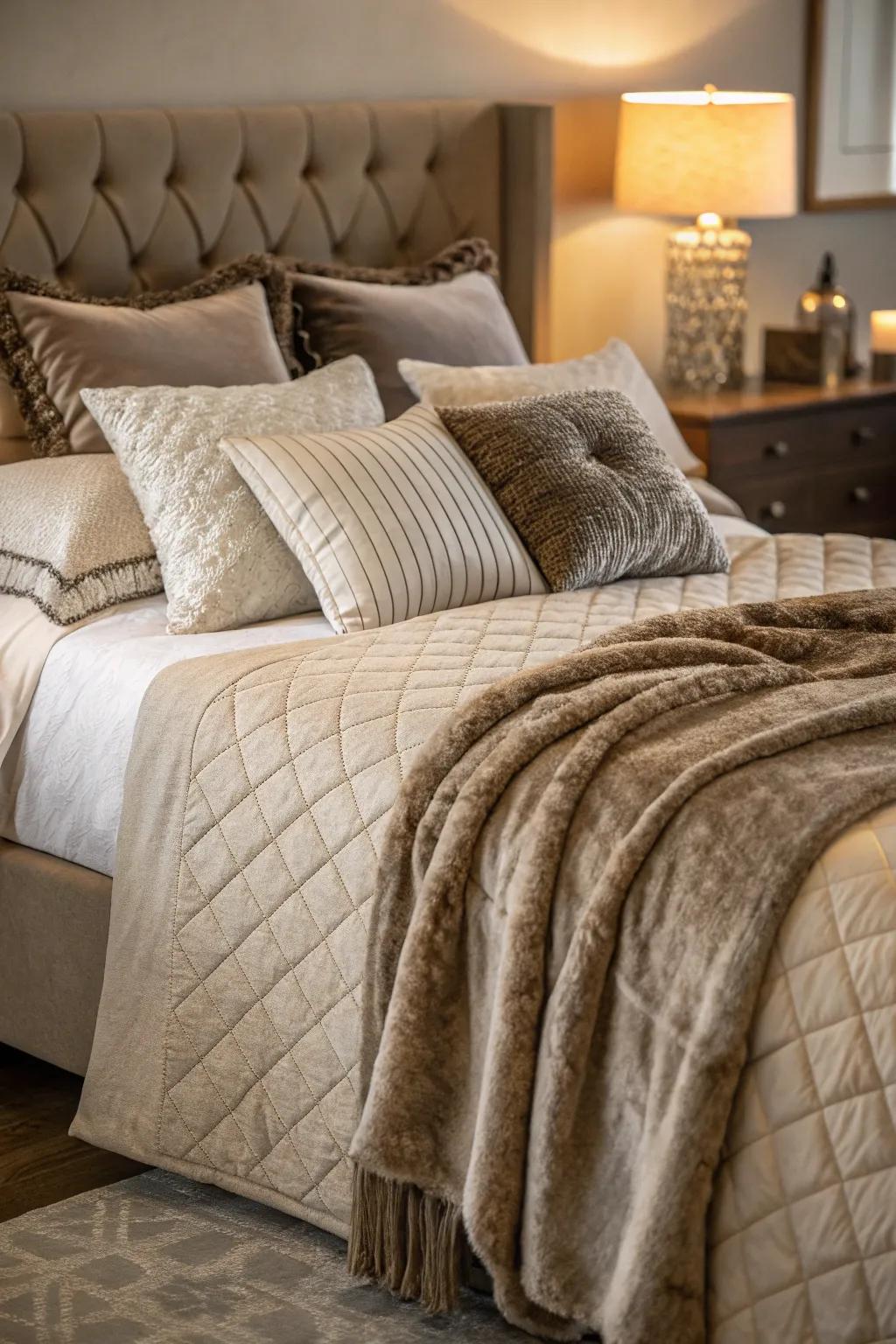 Layered bedding offers dimension and coziness.