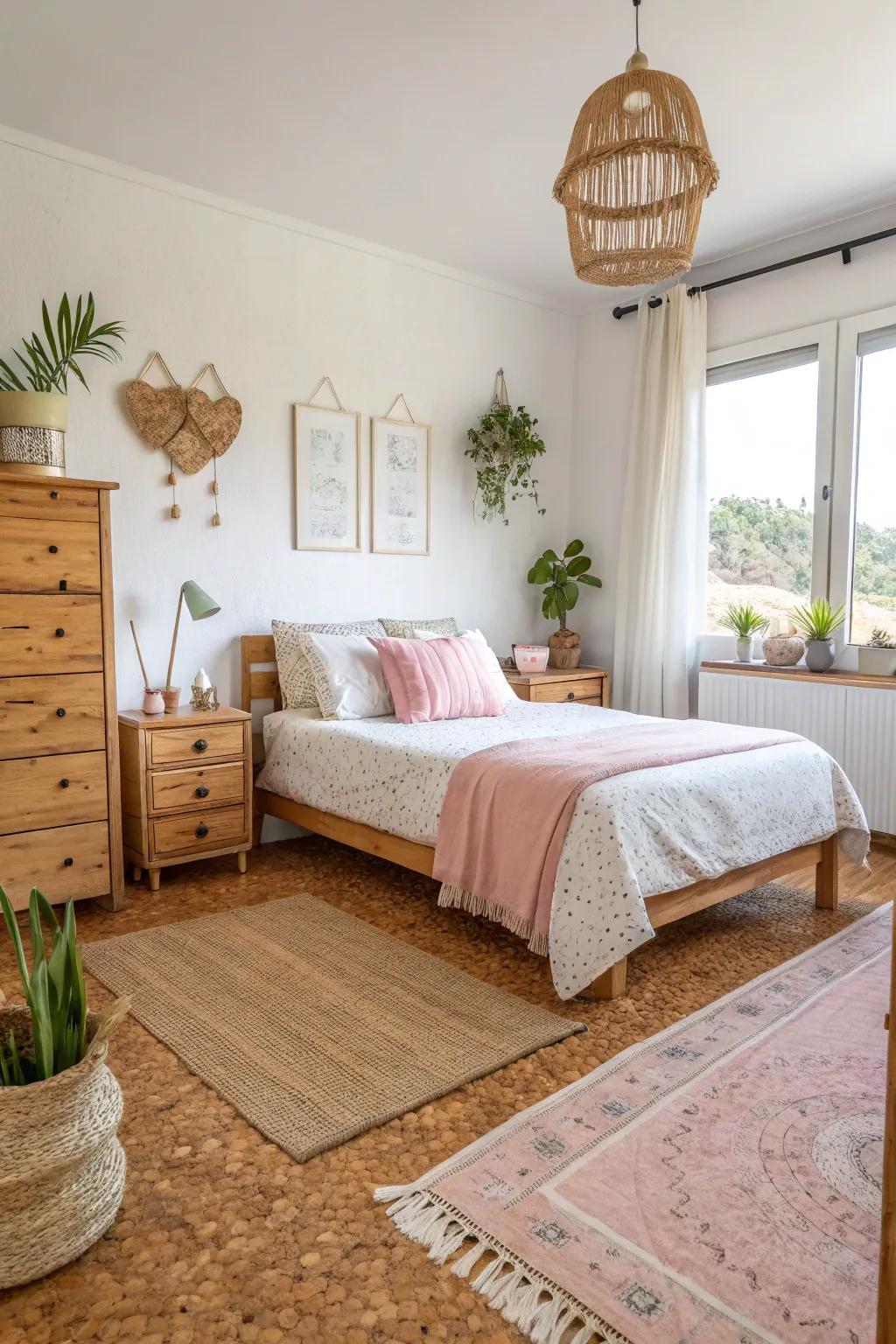 Cork flooring introduces warmth and eco-friendly comfort.