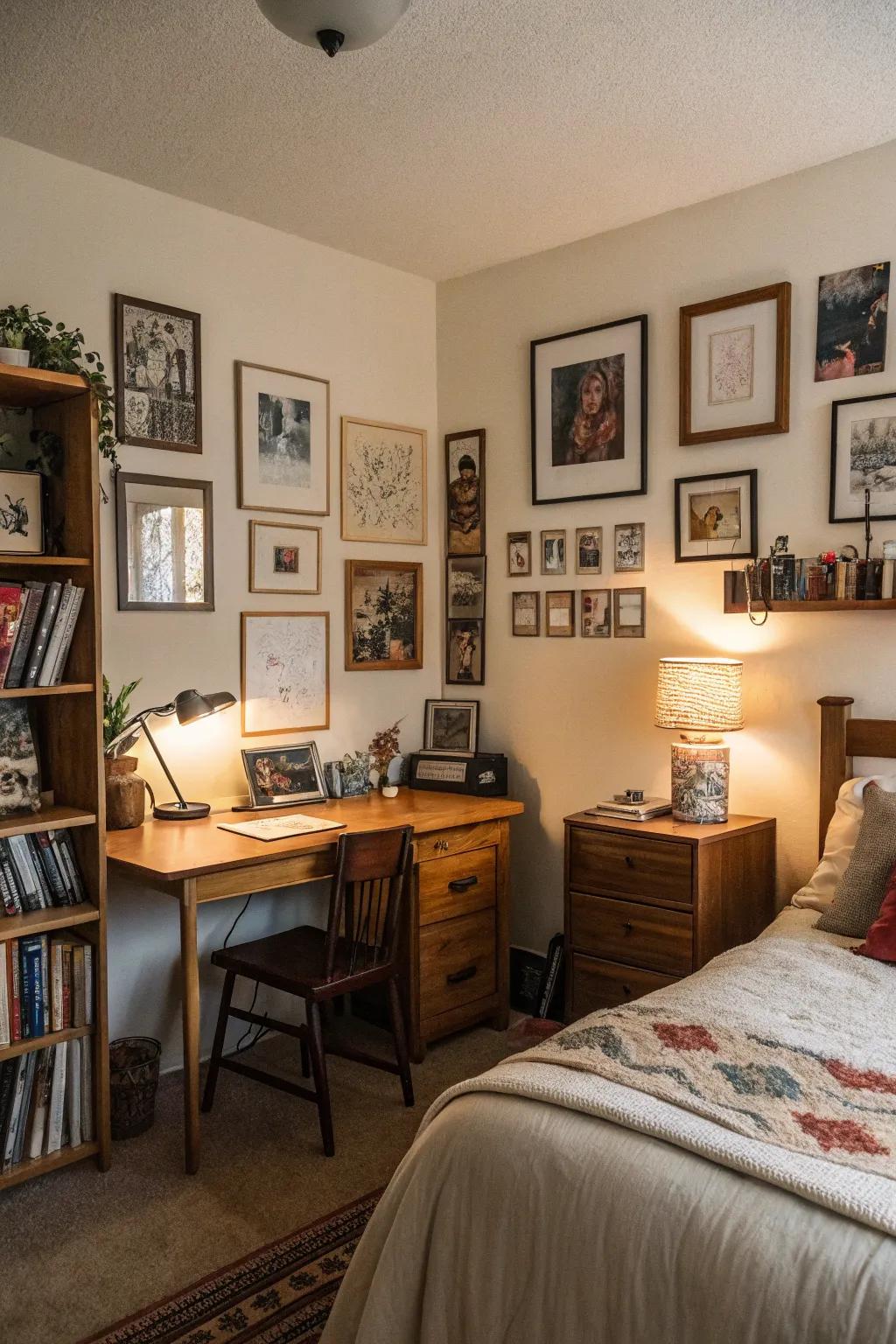 Personal elements like photos and artwork make this bedroom distinctive.
