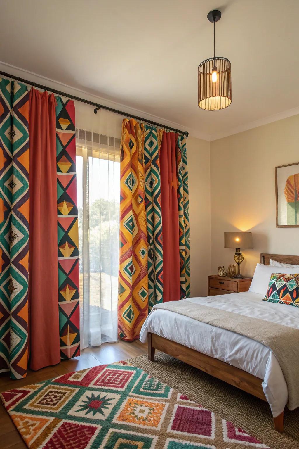 Striking designs upon curtains beget an arresting focal element.