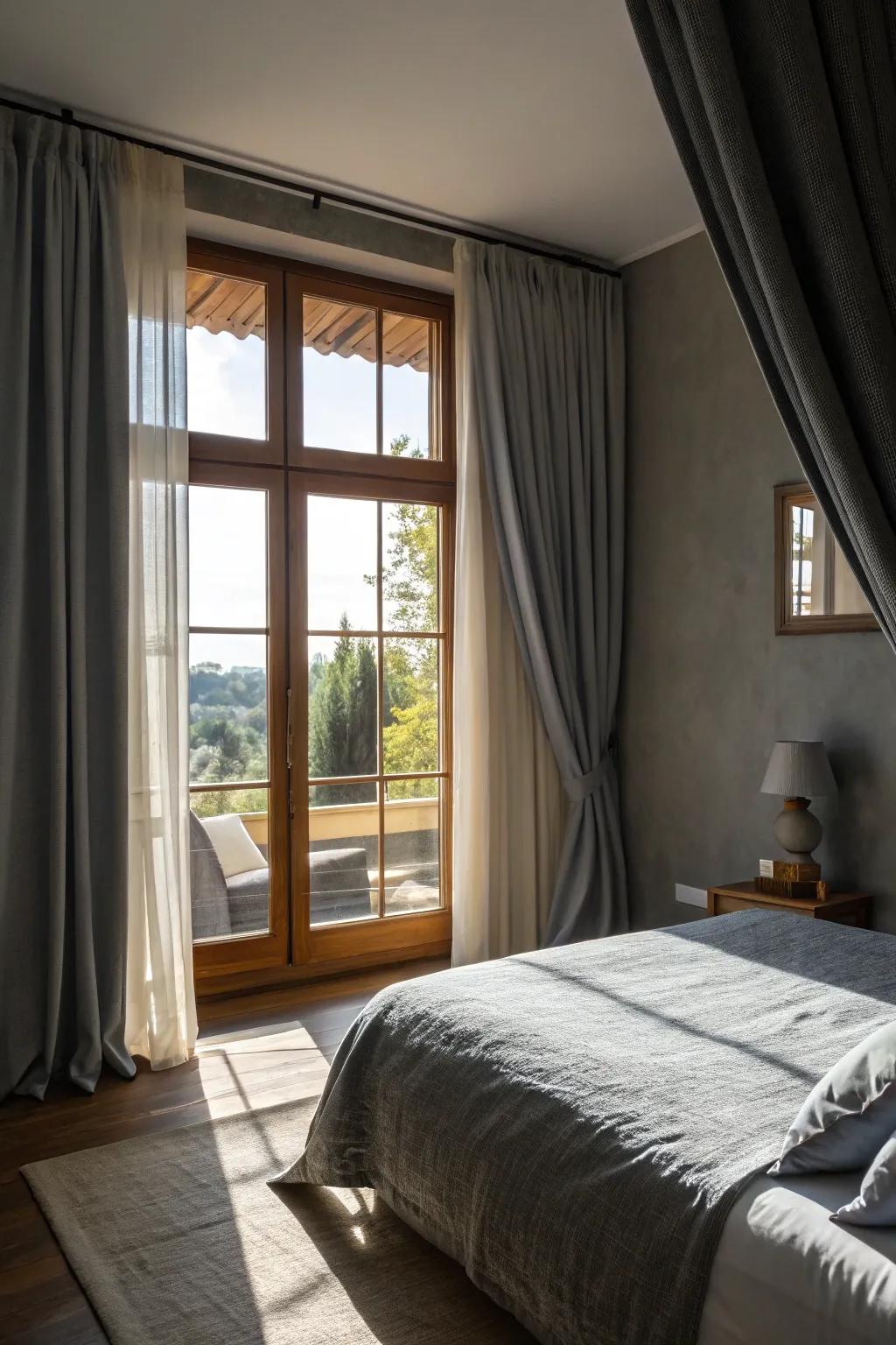 Elegant grey window hangings framing a bright window.